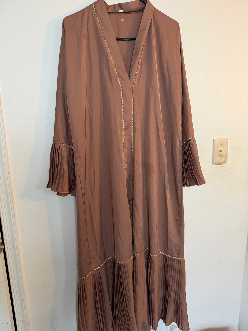 Pink Zip Up Abaya With Pleated Sleeves And Border, Beaded Edges size 54